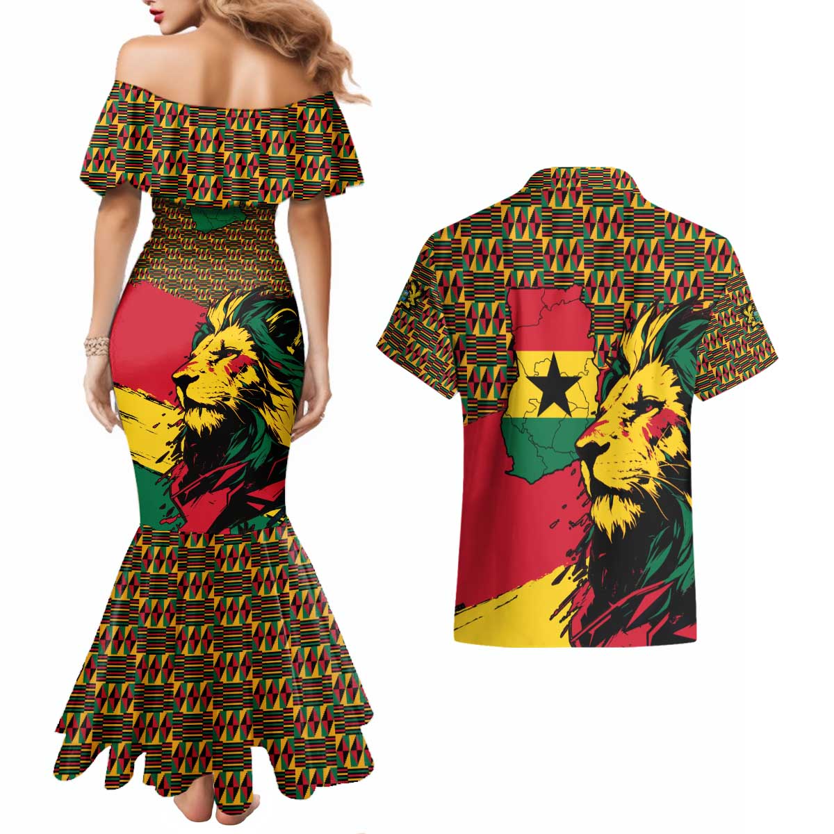 Ghana Lion Couples Matching Mermaid Dress and Hawaiian Shirt - Map & Coat of Arms Grunge Style Design