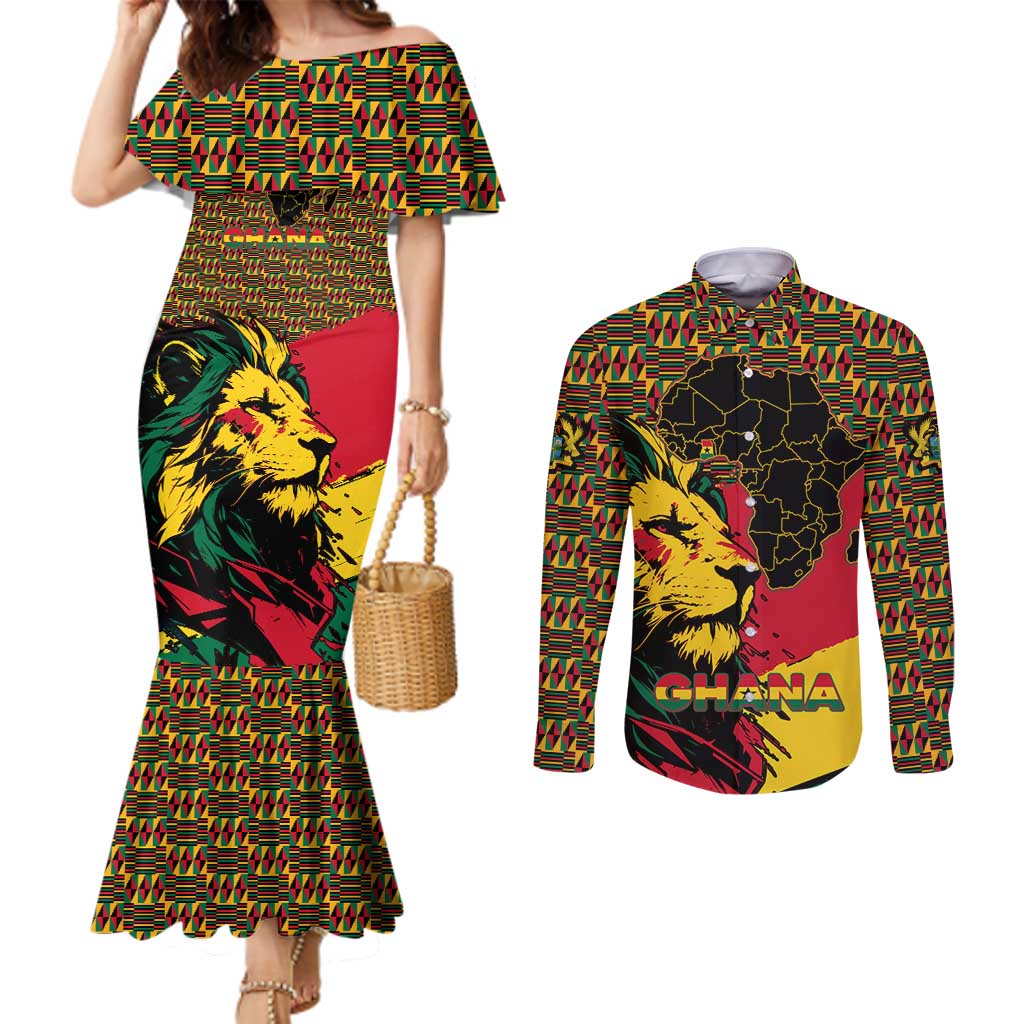 Ghana Lion Couples Matching Mermaid Dress and Long Sleeve Button Shirt - Map & Coat of Arms Grunge Style Design