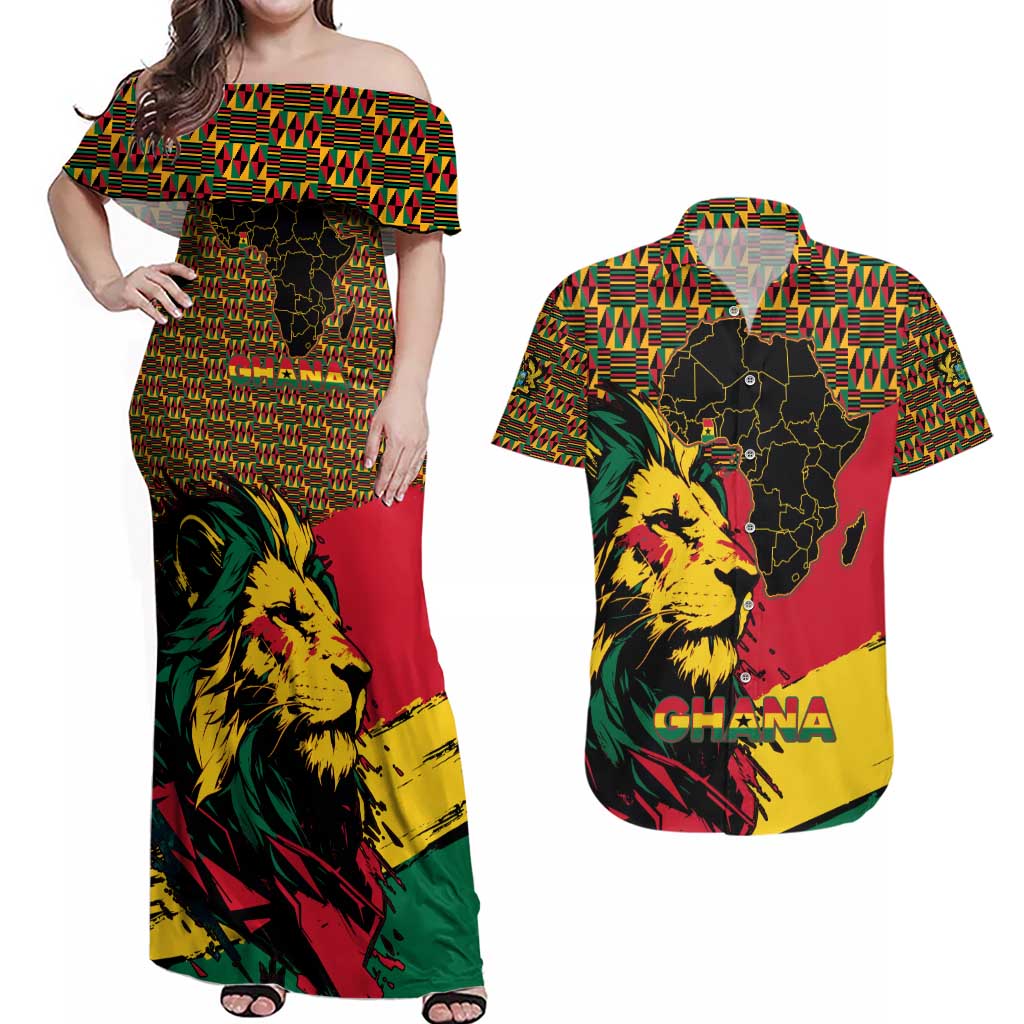 Ghana Lion Couples Matching Off Shoulder Maxi Dress and Hawaiian Shirt - Map & Coat of Arms Grunge Style Design