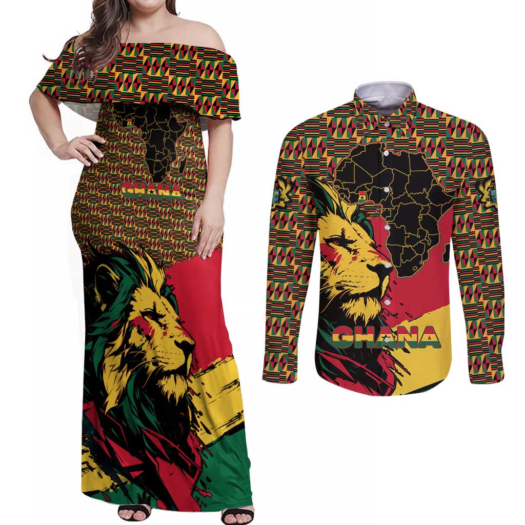 Ghana Lion Couples Matching Off Shoulder Maxi Dress and Long Sleeve Button Shirt - Map & Coat of Arms Grunge Style Design