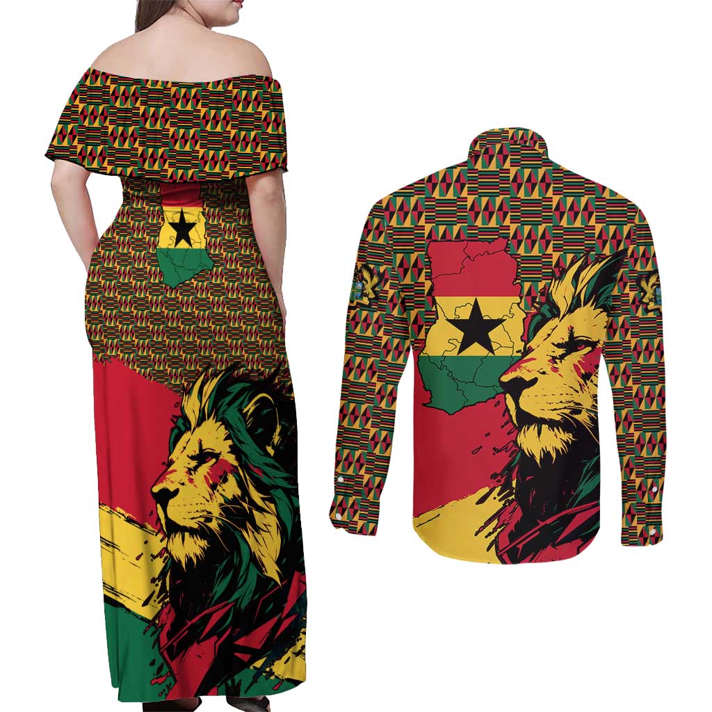 Ghana Lion Couples Matching Off Shoulder Maxi Dress and Long Sleeve Button Shirt - Map & Coat of Arms Grunge Style Design