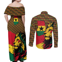 Ghana Lion Couples Matching Off Shoulder Maxi Dress and Long Sleeve Button Shirt - Map & Coat of Arms Grunge Style Design