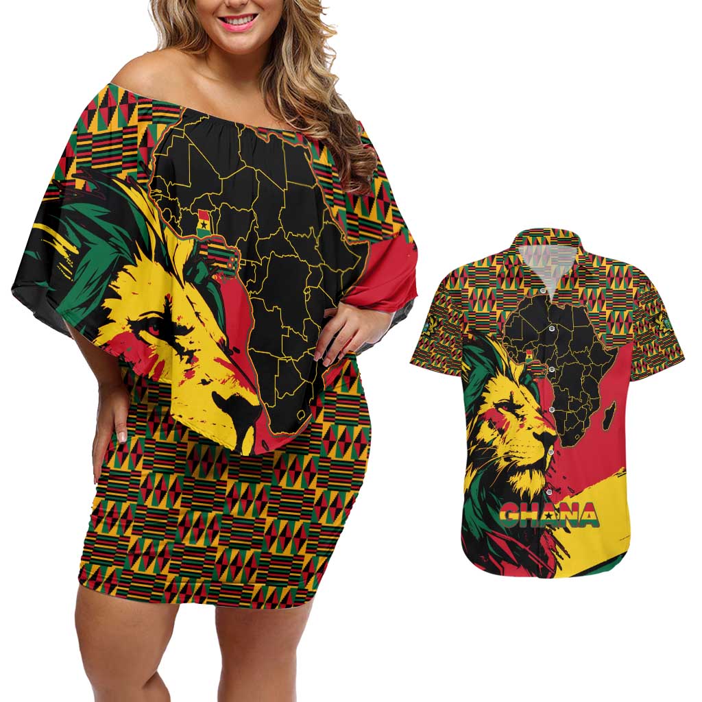 Ghana Lion Couples Matching Off Shoulder Short Dress and Hawaiian Shirt - Map & Coat of Arms Grunge Style Design