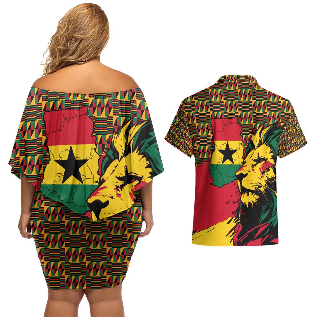 Ghana Lion Couples Matching Off Shoulder Short Dress and Hawaiian Shirt - Map & Coat of Arms Grunge Style Design