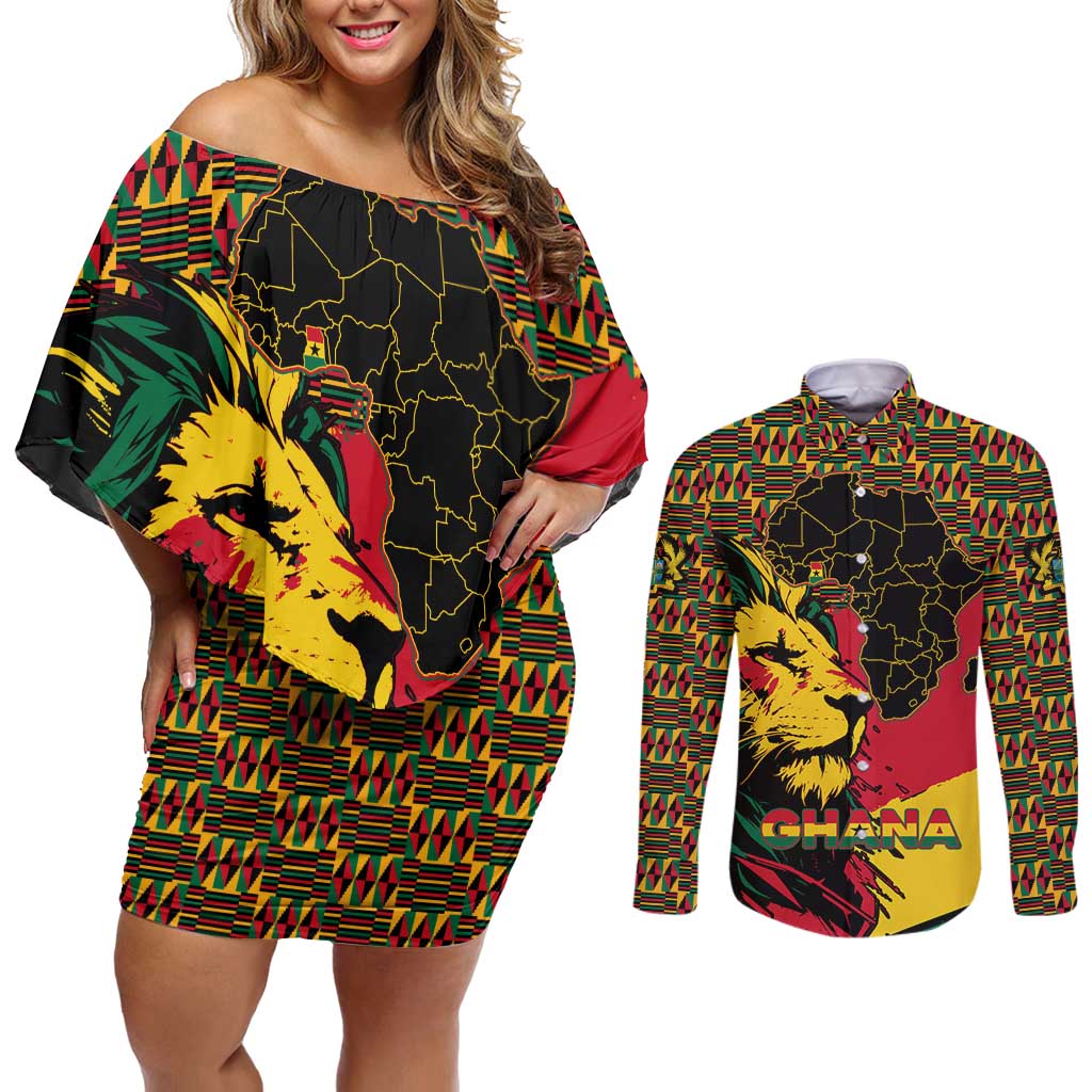 Ghana Lion Couples Matching Off Shoulder Short Dress and Long Sleeve Button Shirt - Map & Coat of Arms Grunge Style Design