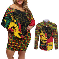Ghana Lion Couples Matching Off Shoulder Short Dress and Long Sleeve Button Shirt - Map & Coat of Arms Grunge Style Design