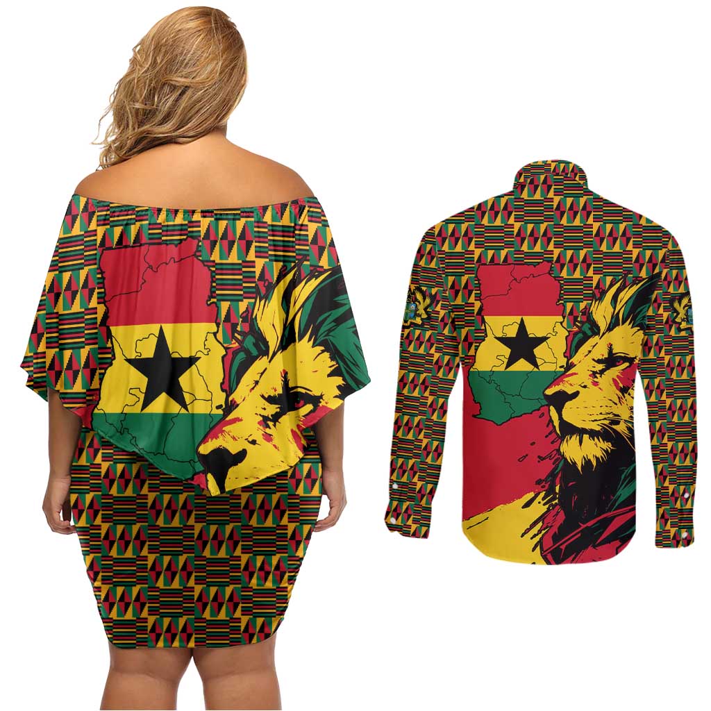 Ghana Lion Couples Matching Off Shoulder Short Dress and Long Sleeve Button Shirt - Map & Coat of Arms Grunge Style Design