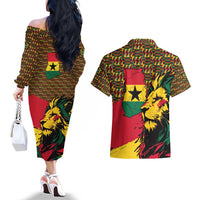 Ghana Lion Couples Matching Off The Shoulder Long Sleeve Dress and Hawaiian Shirt - Map & Coat of Arms Grunge Style Design