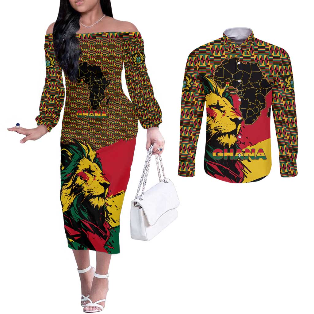 Ghana Lion Couples Matching Off The Shoulder Long Sleeve Dress and Long Sleeve Button Shirt - Map & Coat of Arms Grunge Style Design