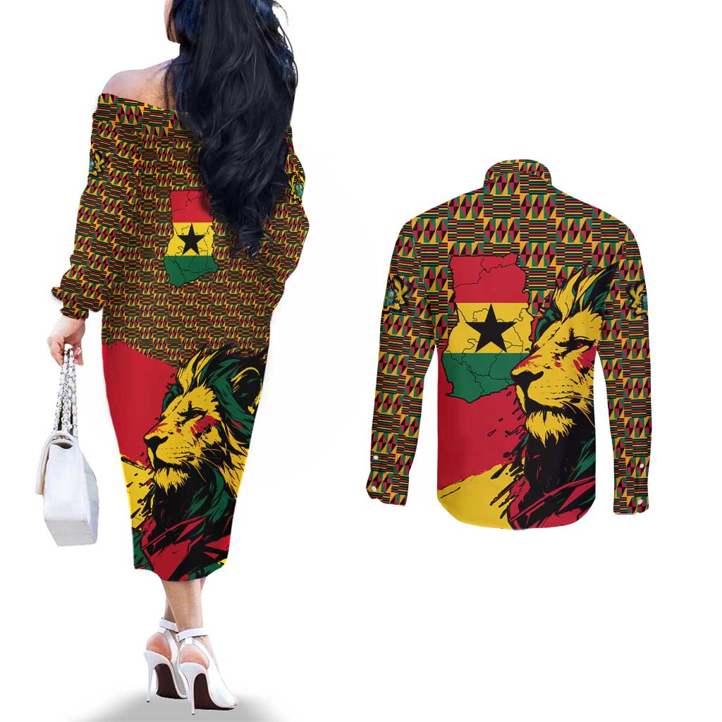 Ghana Lion Couples Matching Off The Shoulder Long Sleeve Dress and Long Sleeve Button Shirt - Map & Coat of Arms Grunge Style Design