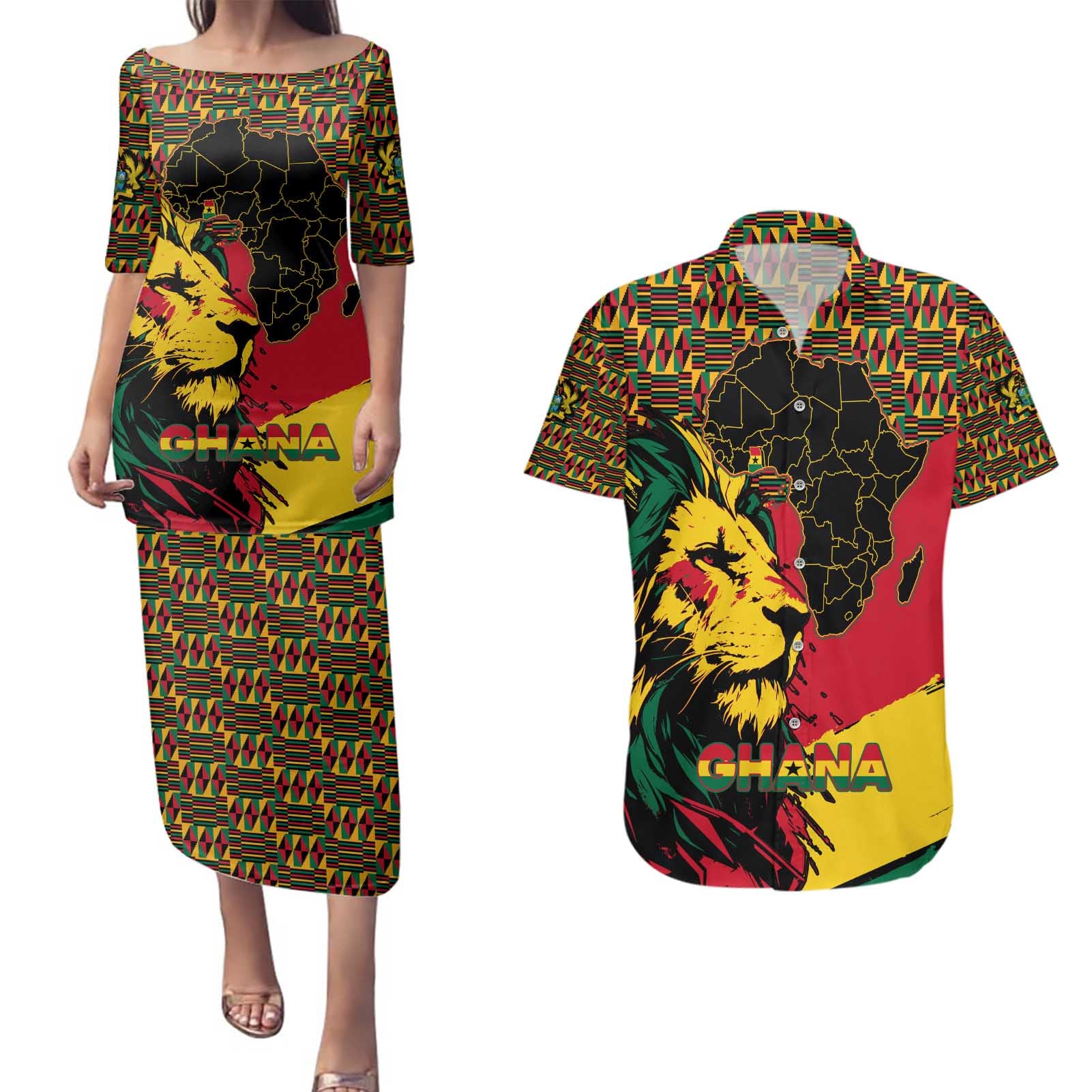 Ghana Lion Couples Matching Puletasi and Hawaiian Shirt - Map & Coat of Arms Grunge Style Design