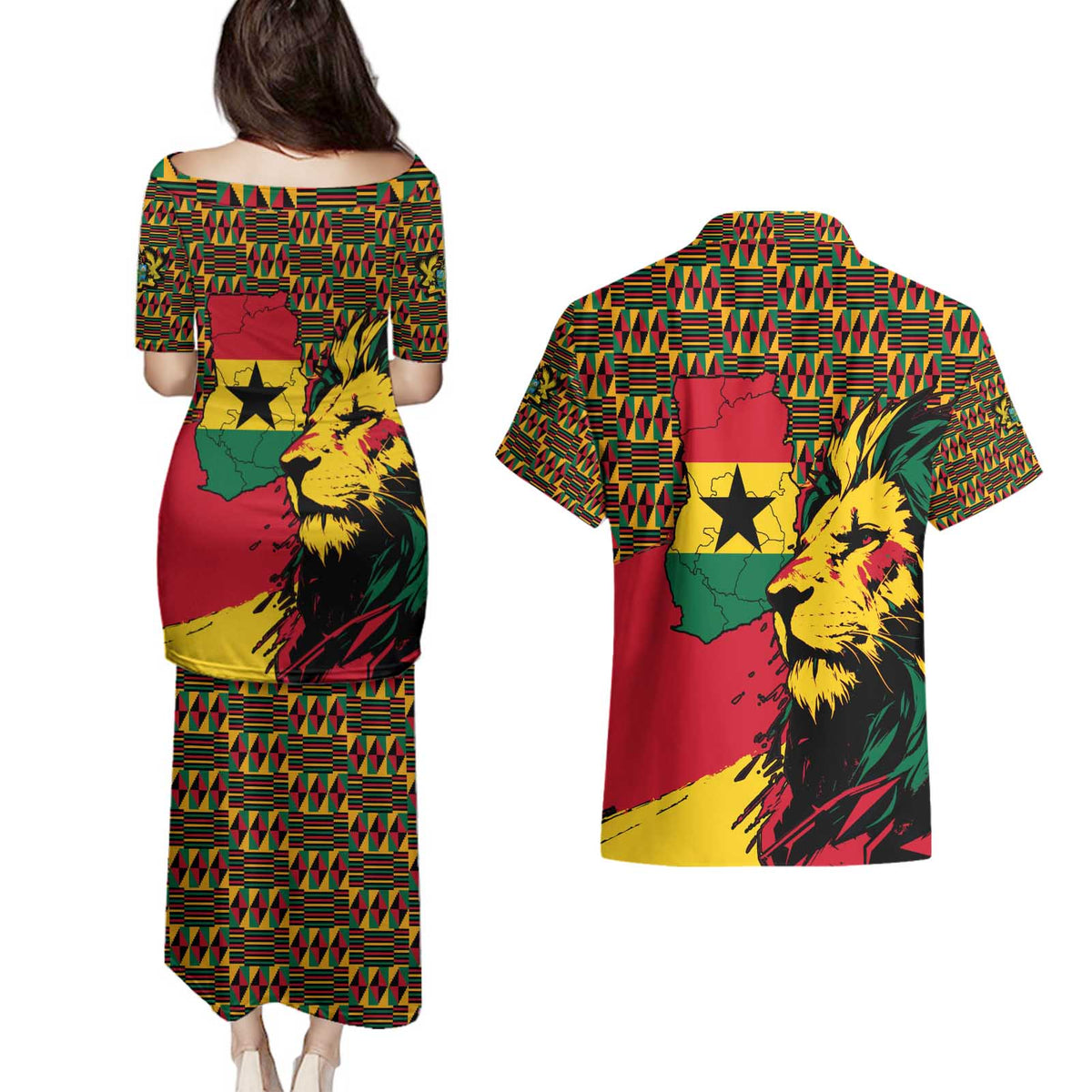 Ghana Lion Couples Matching Puletasi and Hawaiian Shirt - Map & Coat of Arms Grunge Style Design