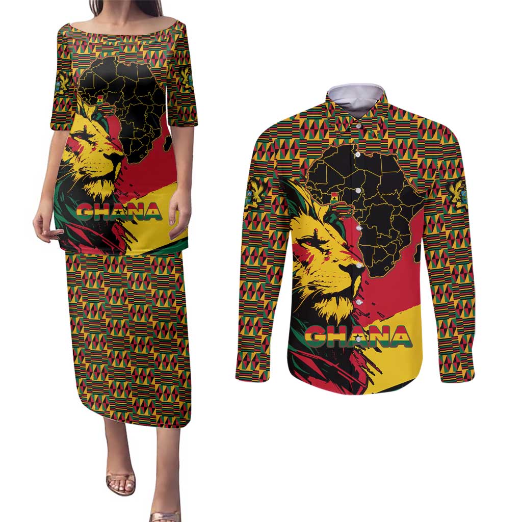 Ghana Lion Couples Matching Puletasi and Long Sleeve Button Shirt - Map & Coat of Arms Grunge Style Design