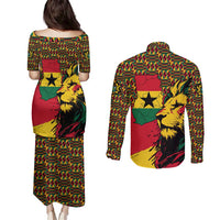 Ghana Lion Couples Matching Puletasi and Long Sleeve Button Shirt - Map & Coat of Arms Grunge Style Design