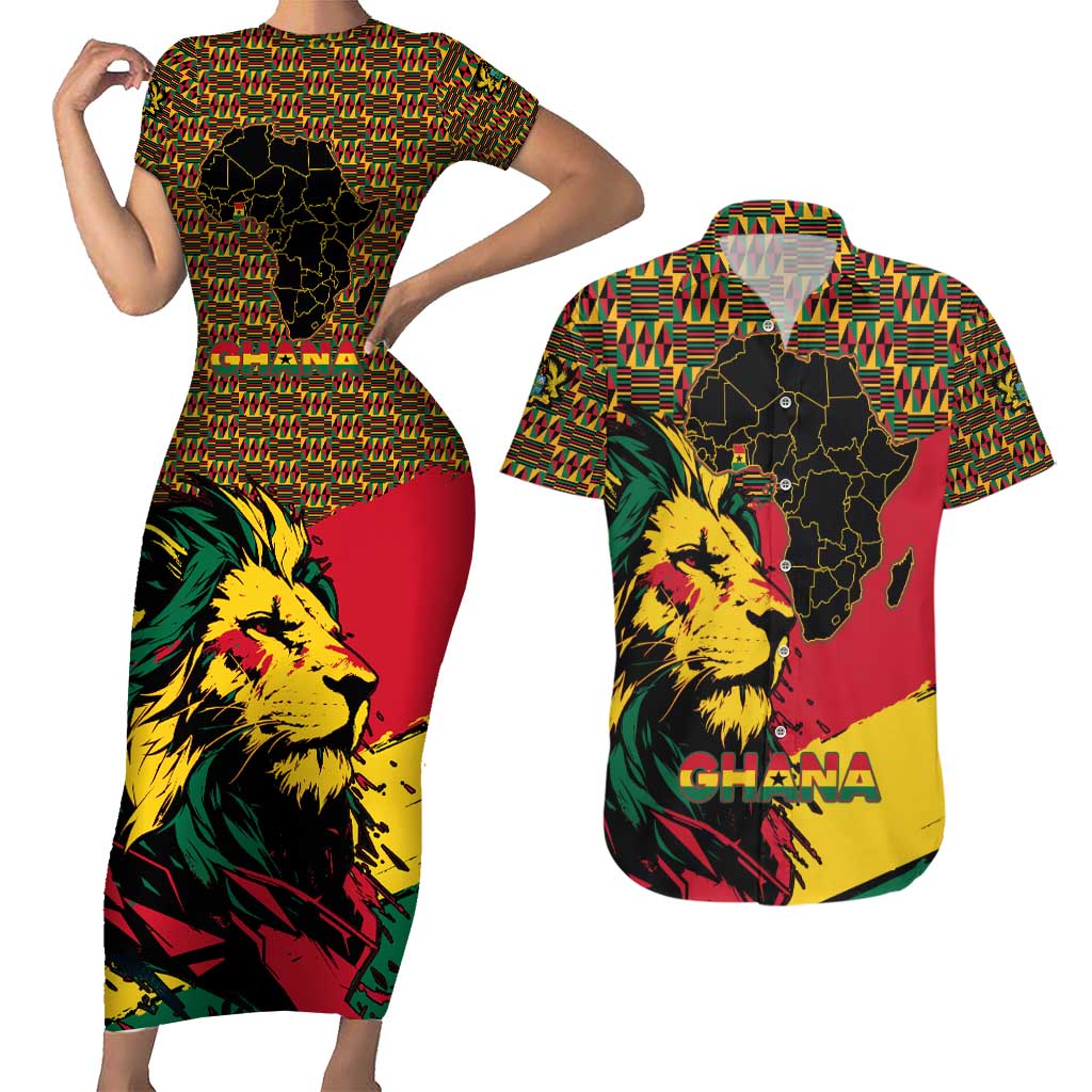 Ghana Lion Couples Matching Short Sleeve Bodycon Dress and Hawaiian Shirt - Map & Coat of Arms Grunge Style Design
