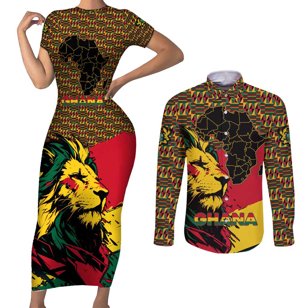 Ghana Lion Couples Matching Short Sleeve Bodycon Dress and Long Sleeve Button Shirt - Map & Coat of Arms Grunge Style Design