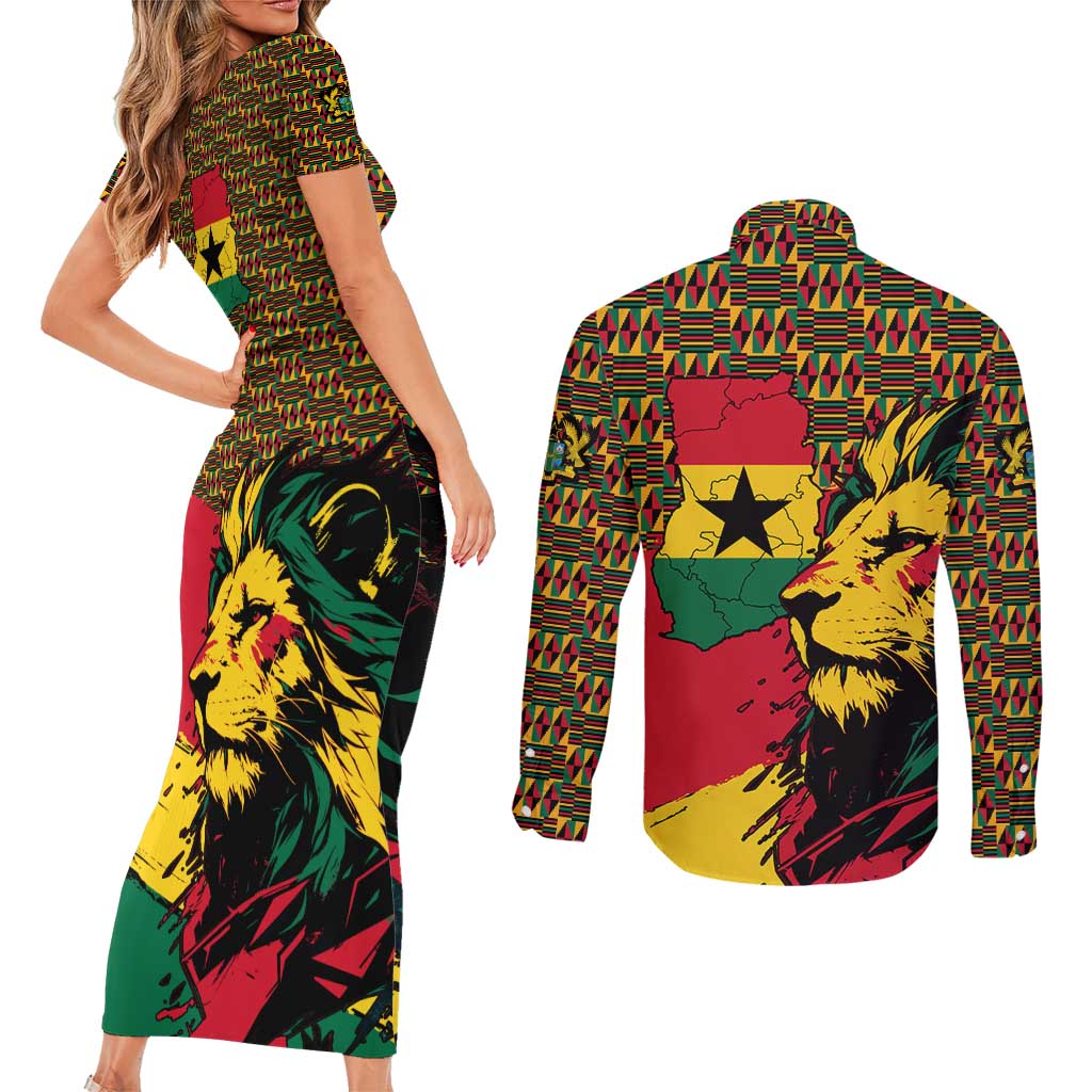Ghana Lion Couples Matching Short Sleeve Bodycon Dress and Long Sleeve Button Shirt - Map & Coat of Arms Grunge Style Design
