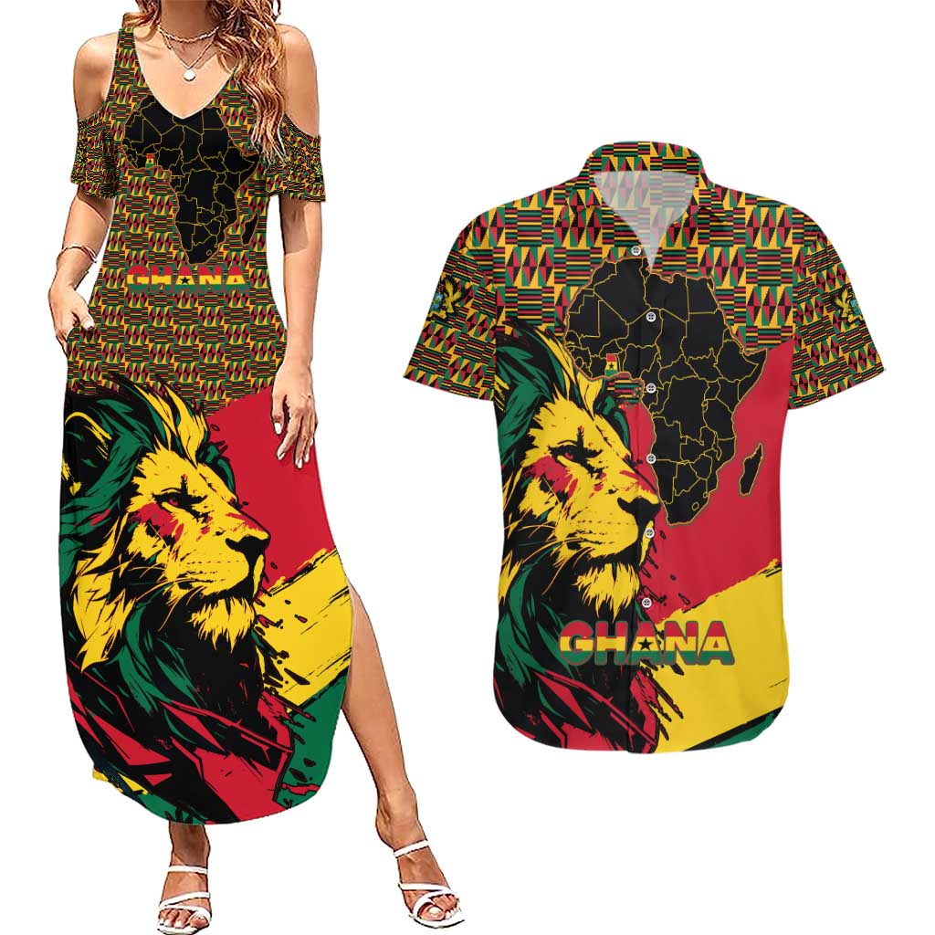 Ghana Lion Couples Matching Summer Maxi Dress and Hawaiian Shirt - Map & Coat of Arms Grunge Style Design