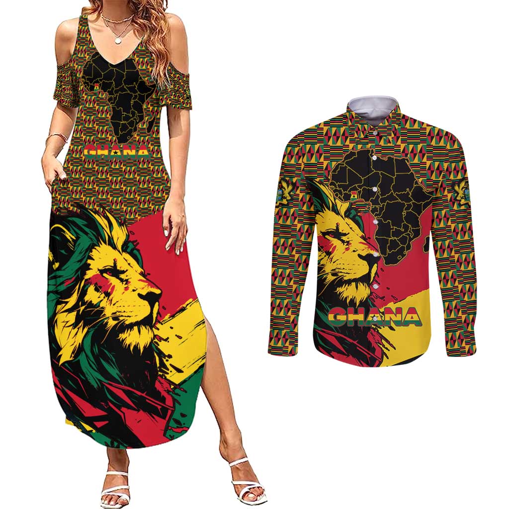 Ghana Lion Couples Matching Summer Maxi Dress and Long Sleeve Button Shirt - Map & Coat of Arms Grunge Style Design