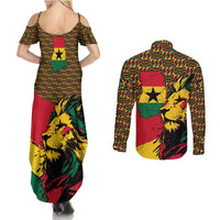 Ghana Lion Couples Matching Summer Maxi Dress and Long Sleeve Button Shirt - Map & Coat of Arms Grunge Style Design