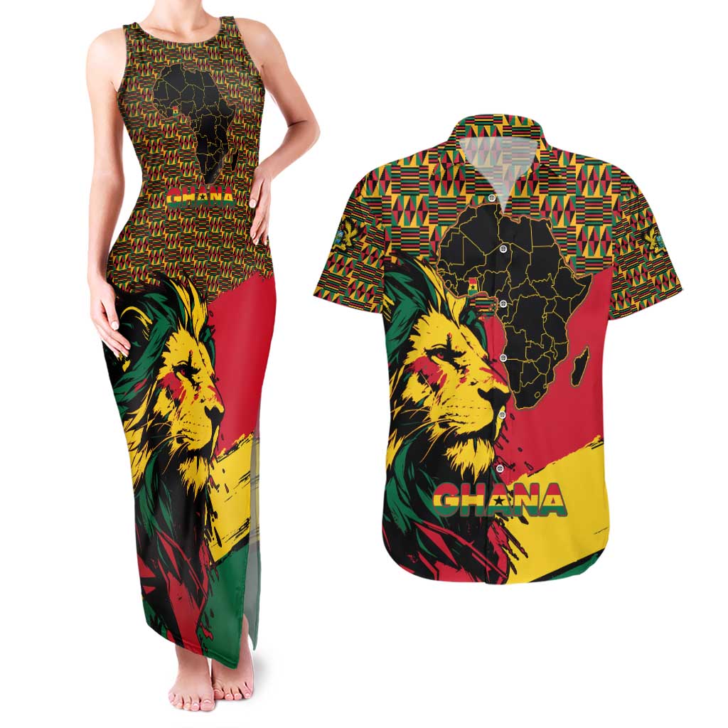 Ghana Lion Couples Matching Tank Maxi Dress and Hawaiian Shirt - Map & Coat of Arms Grunge Style Design