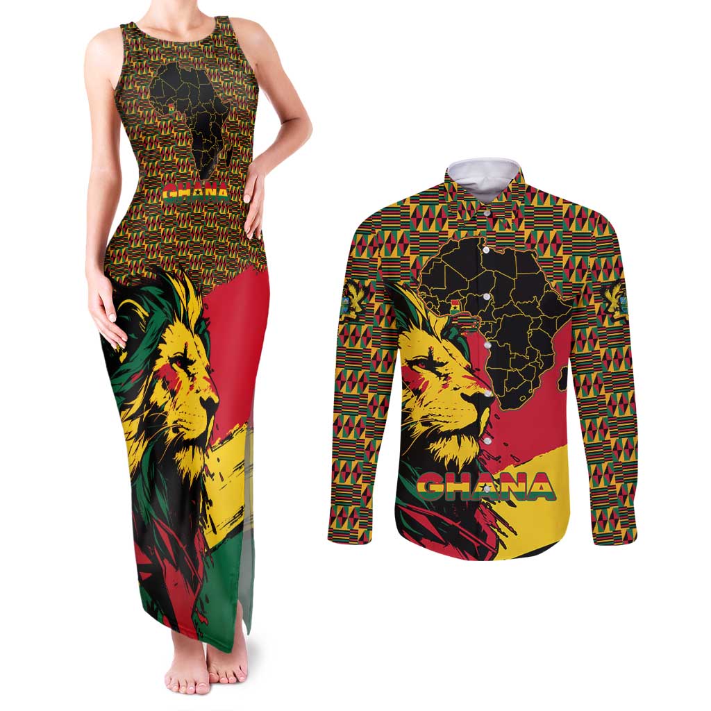 Ghana Lion Couples Matching Tank Maxi Dress and Long Sleeve Button Shirt - Map & Coat of Arms Grunge Style Design