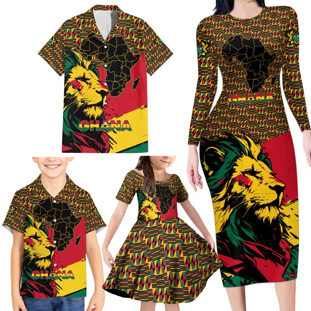 Ghana Lion Family Matching Long Sleeve Bodycon Dress and Hawaiian Shirt - Map & Coat of Arms Grunge Style Design