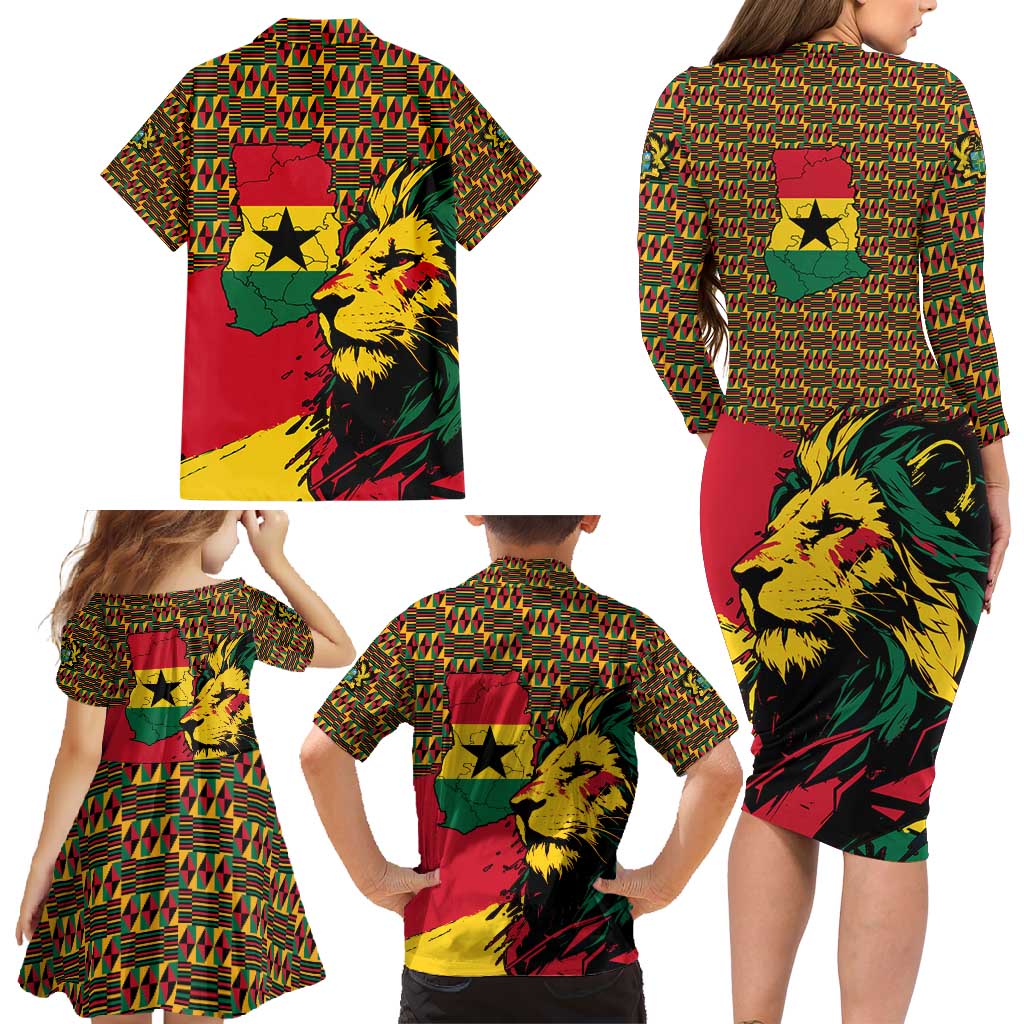 Ghana Lion Family Matching Long Sleeve Bodycon Dress and Hawaiian Shirt - Map & Coat of Arms Grunge Style Design