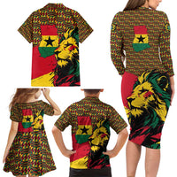 Ghana Lion Family Matching Long Sleeve Bodycon Dress and Hawaiian Shirt - Map & Coat of Arms Grunge Style Design