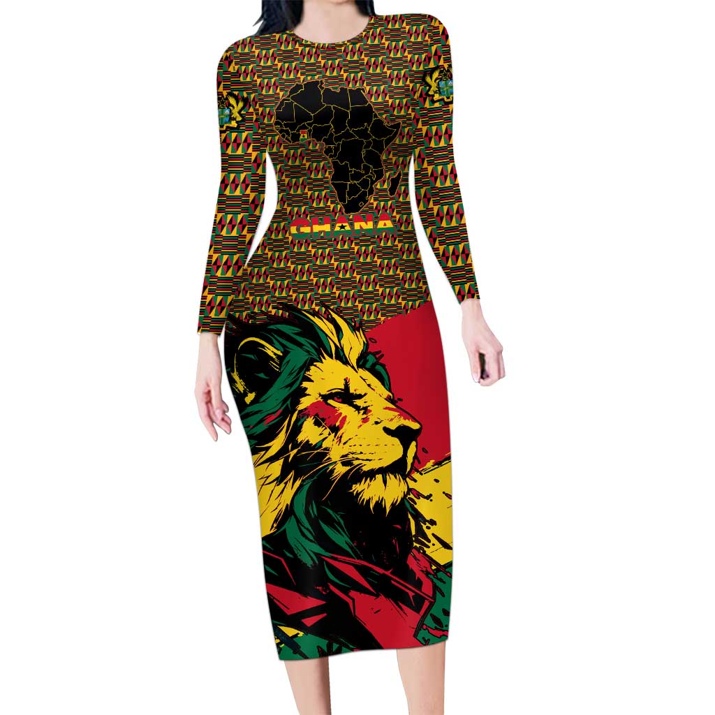Ghana Lion Family Matching Long Sleeve Bodycon Dress and Hawaiian Shirt - Map & Coat of Arms Grunge Style Design