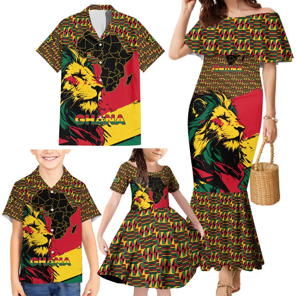 Ghana Lion Family Matching Mermaid Dress and Hawaiian Shirt - Map & Coat of Arms Grunge Style Design
