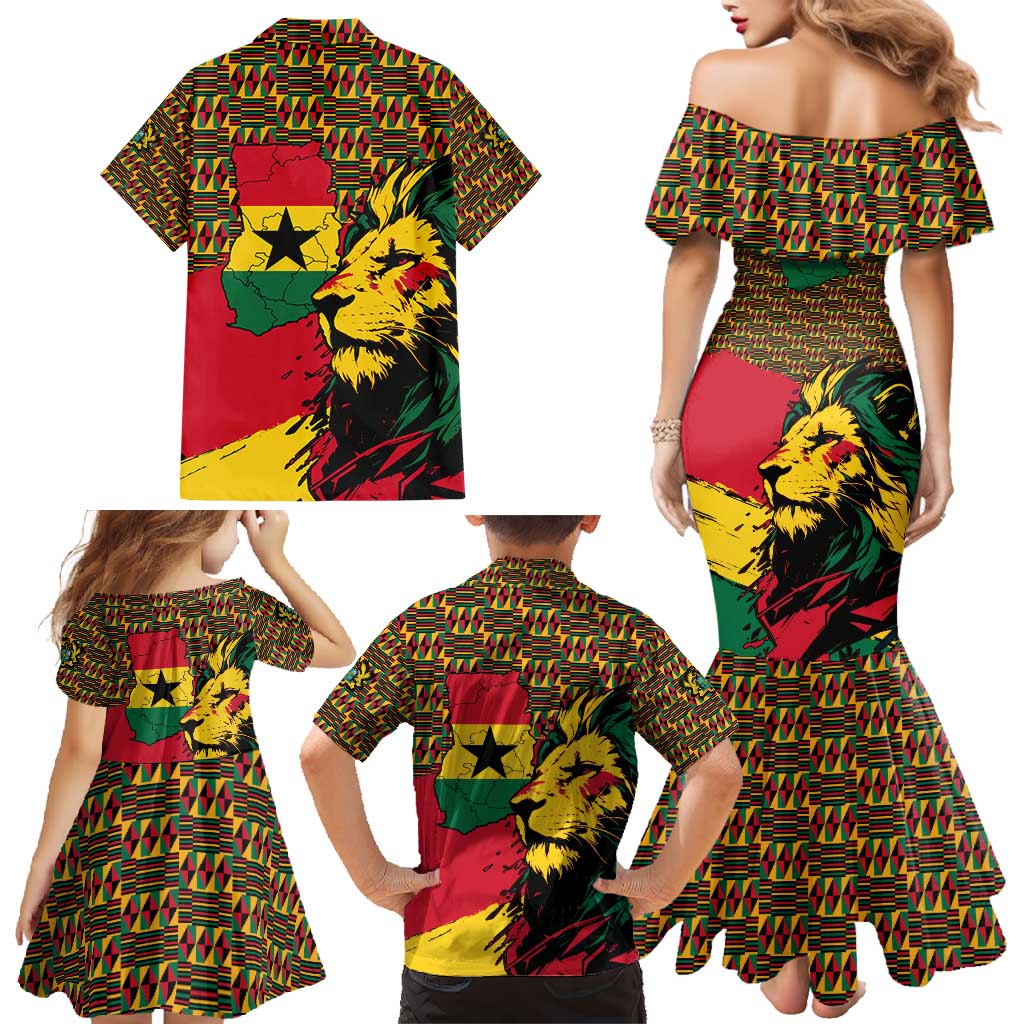 Ghana Lion Family Matching Mermaid Dress and Hawaiian Shirt - Map & Coat of Arms Grunge Style Design