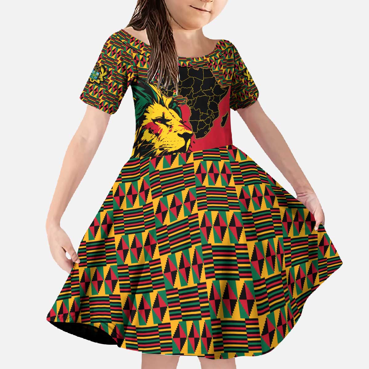 Ghana Lion Family Matching Off The Shoulder Long Sleeve Dress and Hawaiian Shirt - Map & Coat of Arms Grunge Style Design
