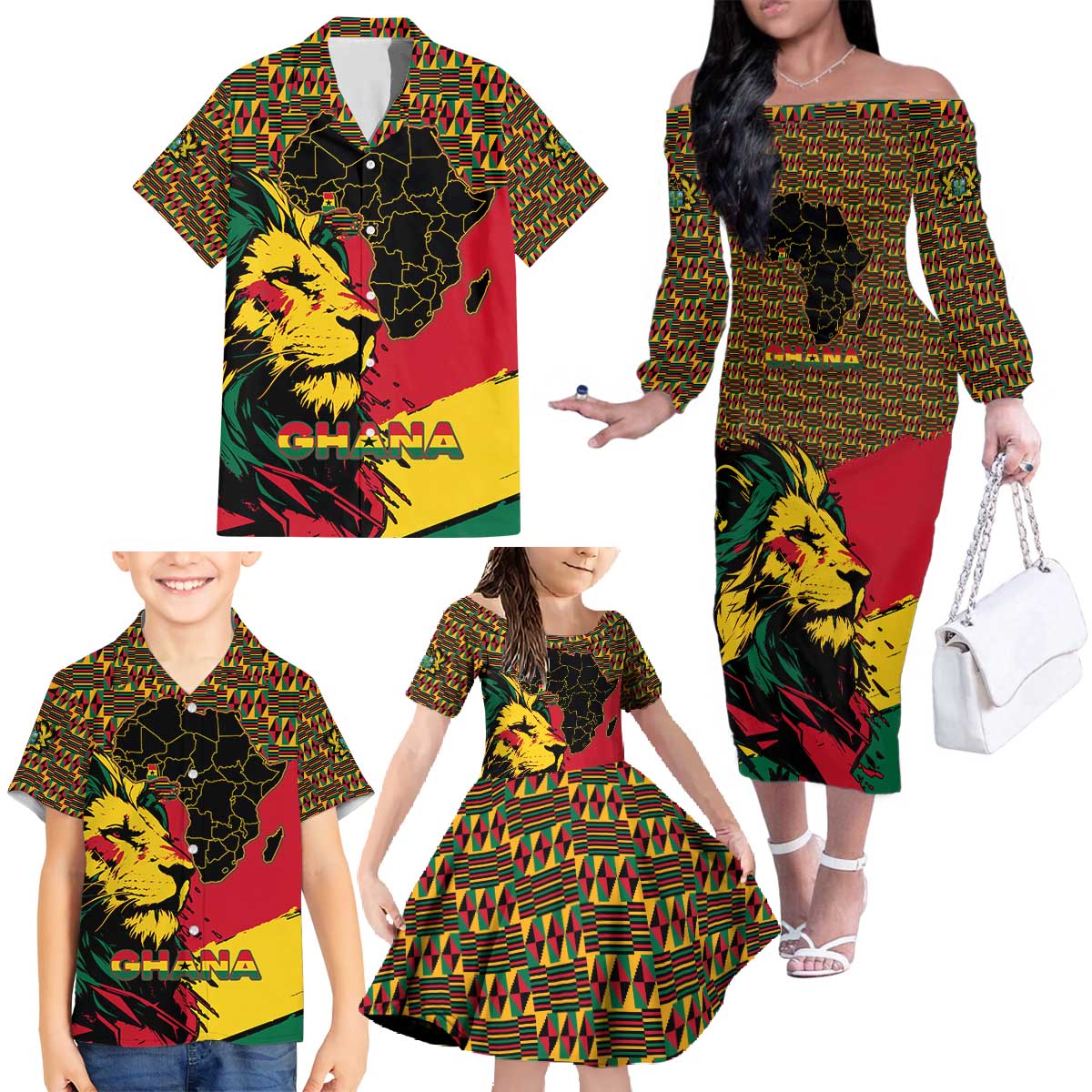Ghana Lion Family Matching Off The Shoulder Long Sleeve Dress and Hawaiian Shirt - Map & Coat of Arms Grunge Style Design
