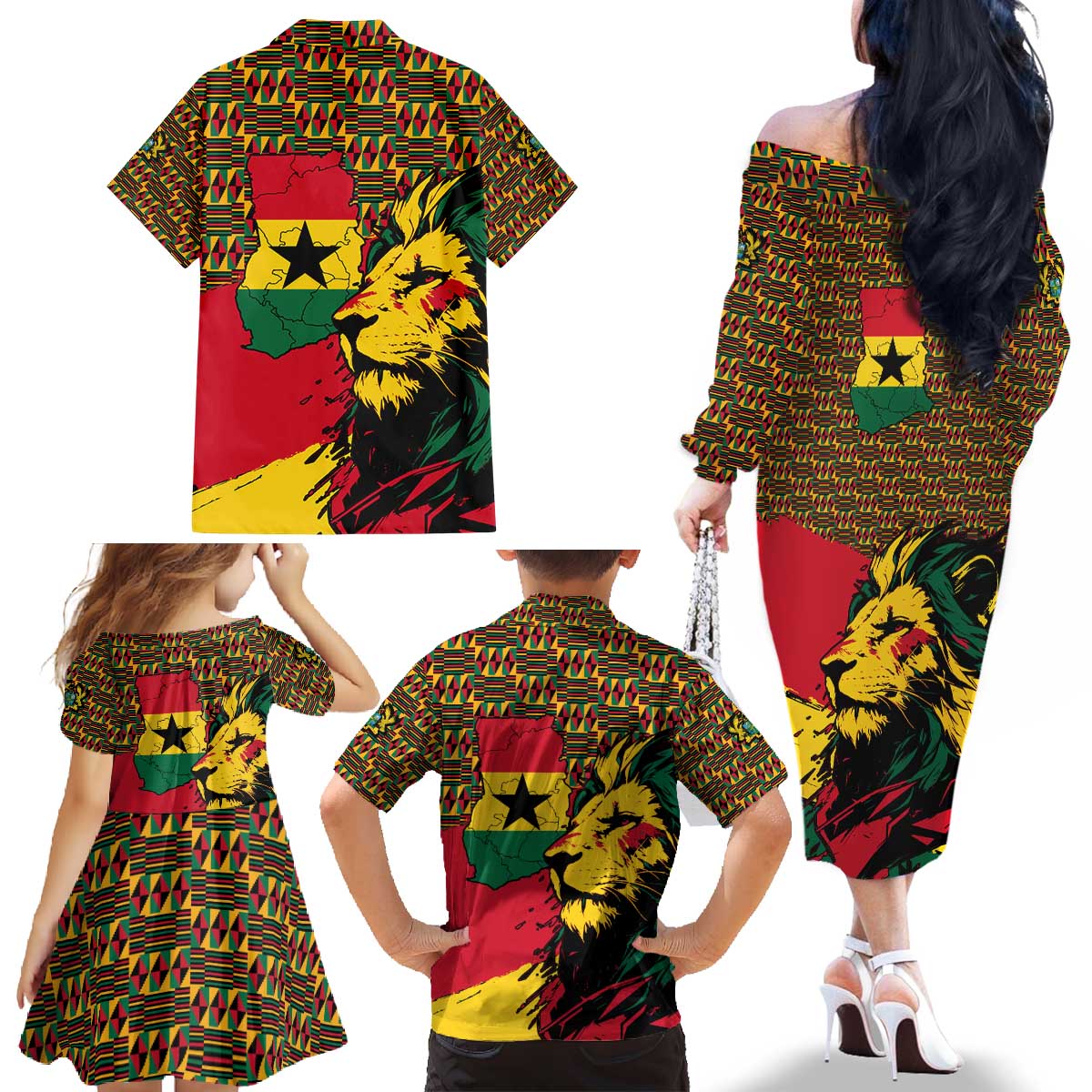 Ghana Lion Family Matching Off The Shoulder Long Sleeve Dress and Hawaiian Shirt - Map & Coat of Arms Grunge Style Design