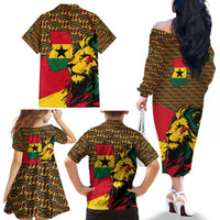 Ghana Lion Family Matching Off The Shoulder Long Sleeve Dress and Hawaiian Shirt - Map & Coat of Arms Grunge Style Design