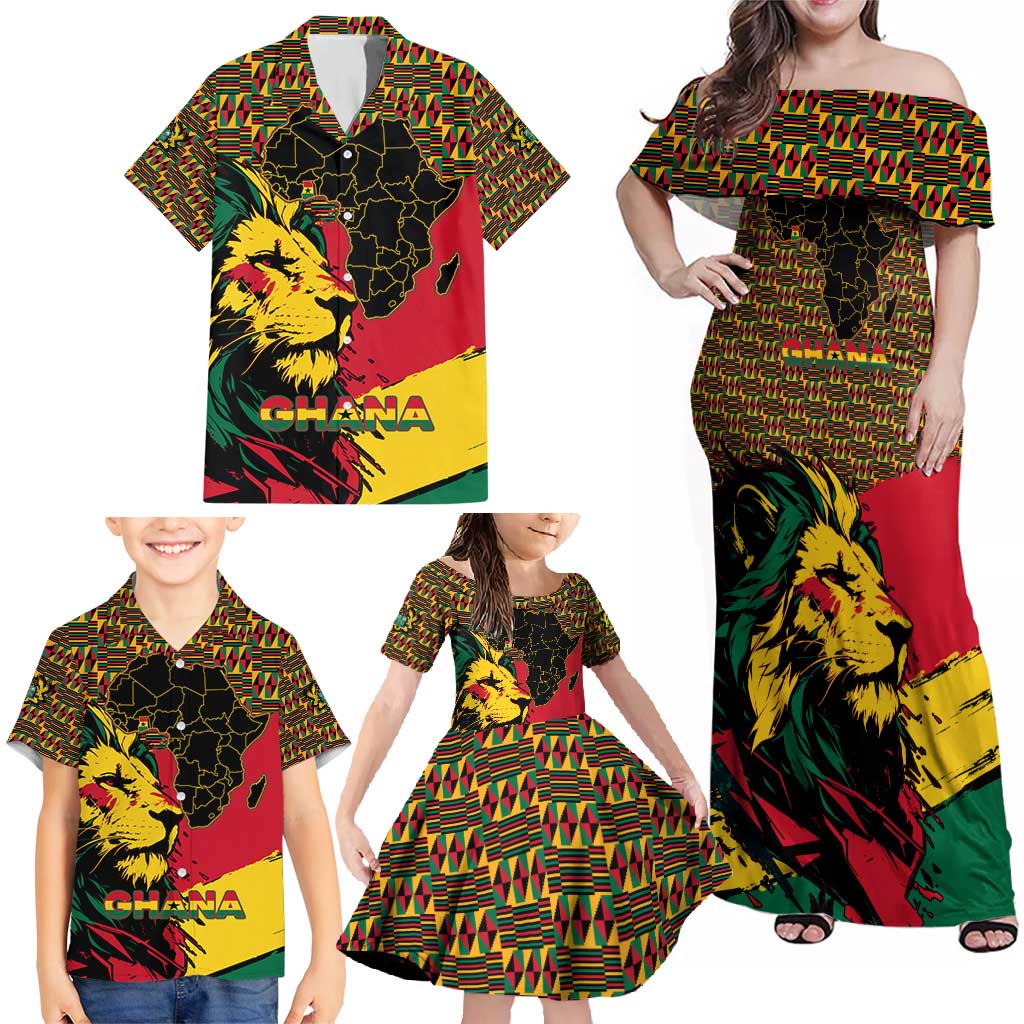 Ghana Lion Family Matching Off Shoulder Maxi Dress and Hawaiian Shirt - Map & Coat of Arms Grunge Style Design