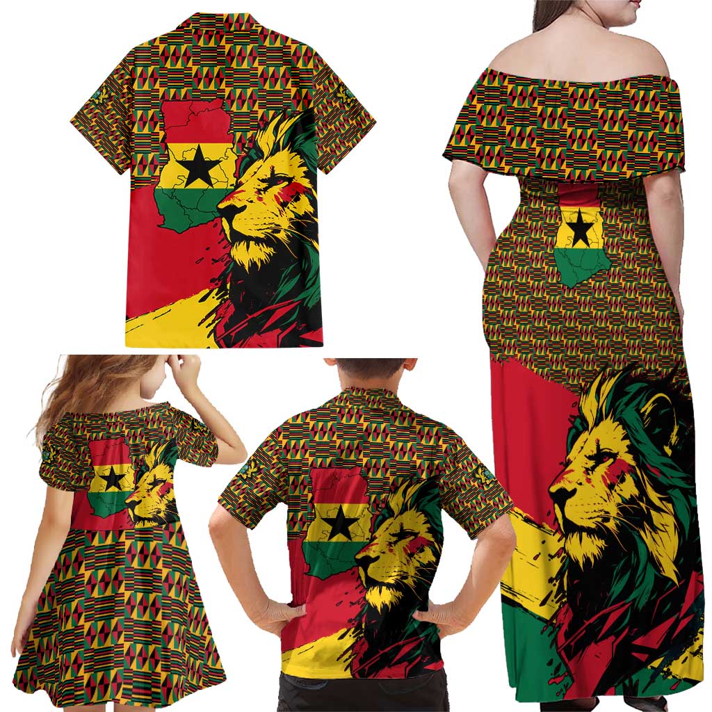 Ghana Lion Family Matching Off Shoulder Maxi Dress and Hawaiian Shirt - Map & Coat of Arms Grunge Style Design