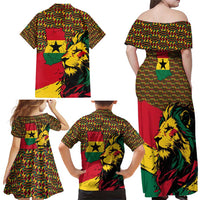 Ghana Lion Family Matching Off Shoulder Maxi Dress and Hawaiian Shirt - Map & Coat of Arms Grunge Style Design