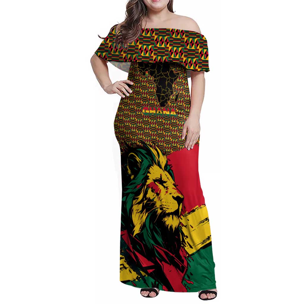Ghana Lion Family Matching Off Shoulder Maxi Dress and Hawaiian Shirt - Map & Coat of Arms Grunge Style Design