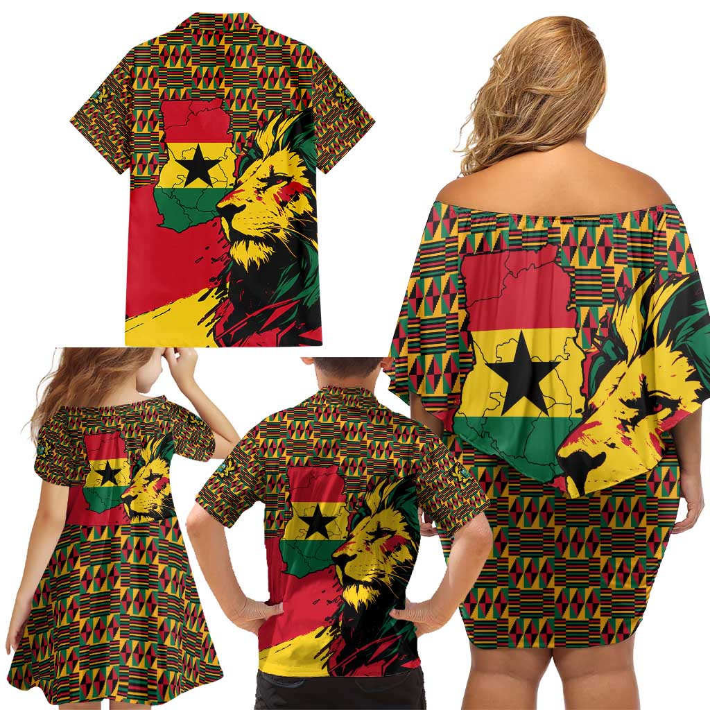 Ghana Lion Family Matching Off Shoulder Short Dress and Hawaiian Shirt - Map & Coat of Arms Grunge Style Design