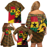 Ghana Lion Family Matching Off Shoulder Short Dress and Hawaiian Shirt - Map & Coat of Arms Grunge Style Design