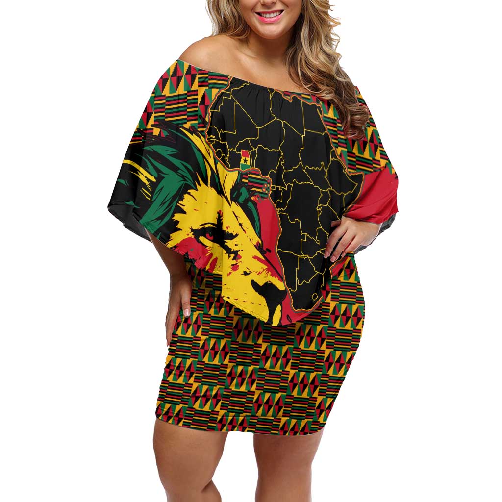Ghana Lion Family Matching Off Shoulder Short Dress and Hawaiian Shirt - Map & Coat of Arms Grunge Style Design