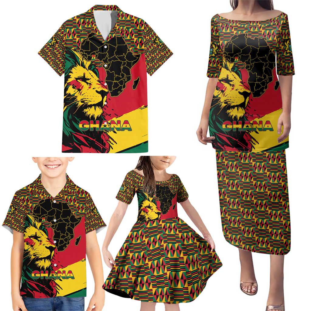 Ghana Lion Family Matching Puletasi and Hawaiian Shirt - Map & Coat of Arms Grunge Style Design