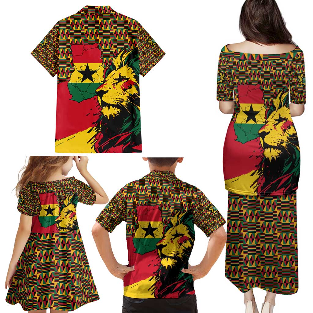 Ghana Lion Family Matching Puletasi and Hawaiian Shirt - Map & Coat of Arms Grunge Style Design