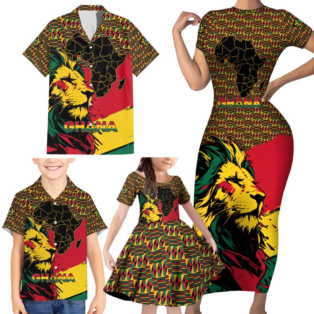 Ghana Lion Family Matching Short Sleeve Bodycon Dress and Hawaiian Shirt - Map & Coat of Arms Grunge Style Design