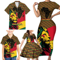 Ghana Lion Family Matching Short Sleeve Bodycon Dress and Hawaiian Shirt - Map & Coat of Arms Grunge Style Design