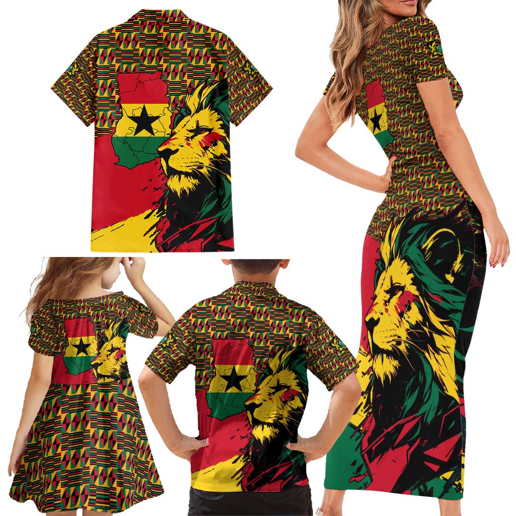Ghana Lion Family Matching Short Sleeve Bodycon Dress and Hawaiian Shirt - Map & Coat of Arms Grunge Style Design