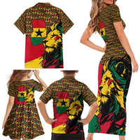 Ghana Lion Family Matching Short Sleeve Bodycon Dress and Hawaiian Shirt - Map & Coat of Arms Grunge Style Design