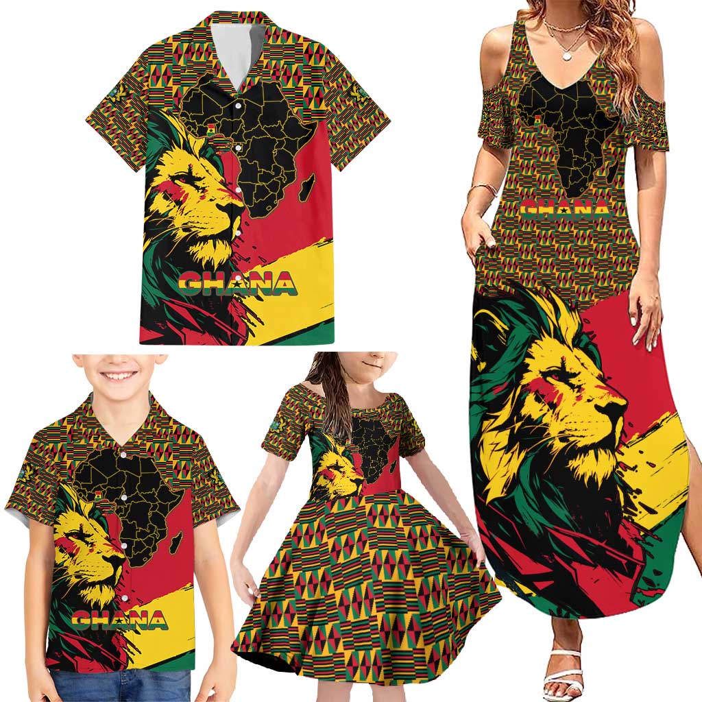 Ghana Lion Family Matching Summer Maxi Dress and Hawaiian Shirt - Map & Coat of Arms Grunge Style Design